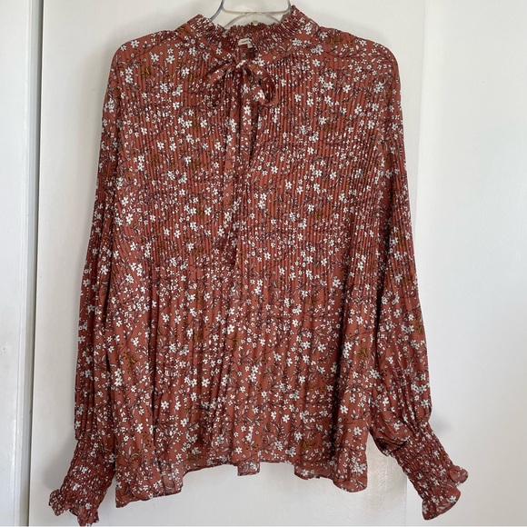 Flowy Floral Long Sleeve Blouse, Tied High Collar - Picture 1 of 10